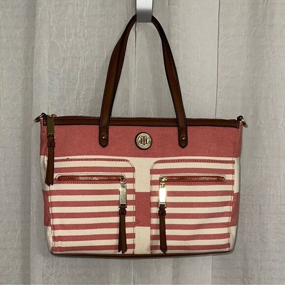 TH Ivory Coral Pink Brown Canvas Stripe Faux Leather Trim Medium Tote Handbag - Picture 1 of 15